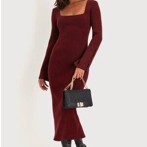 Lulus Classy Attitude Burgundy Ribbed Square Neck Midi Sweater Dress